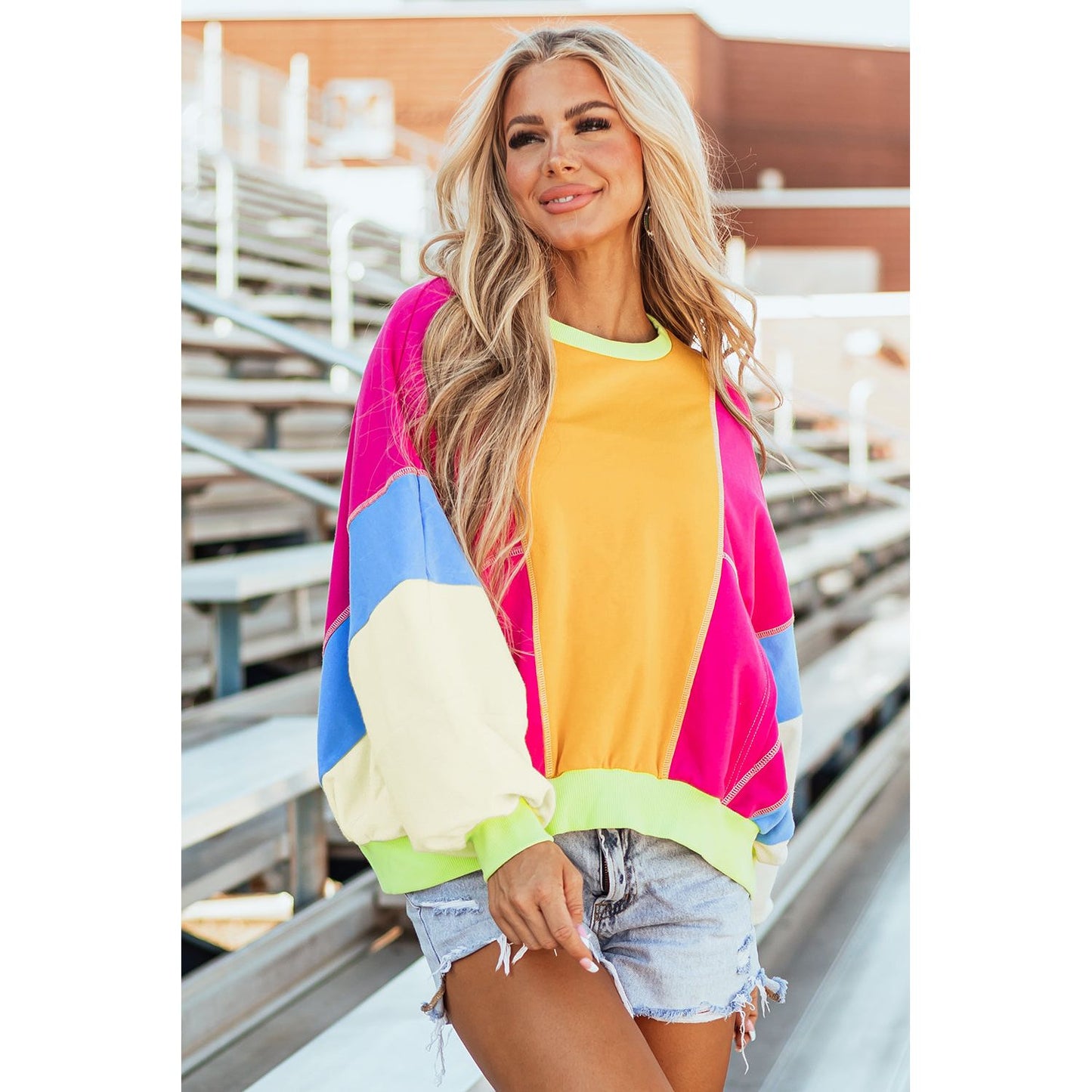 All Of The Lights Colorblock Exposed Stitching Oversize Pullover