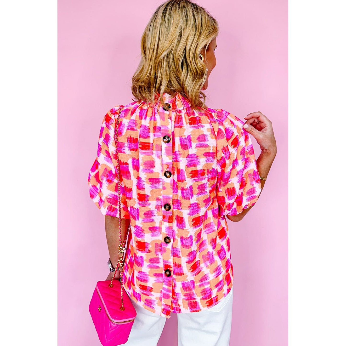 Date Night Pink Abstract Print Button Back Ruffed Blouse