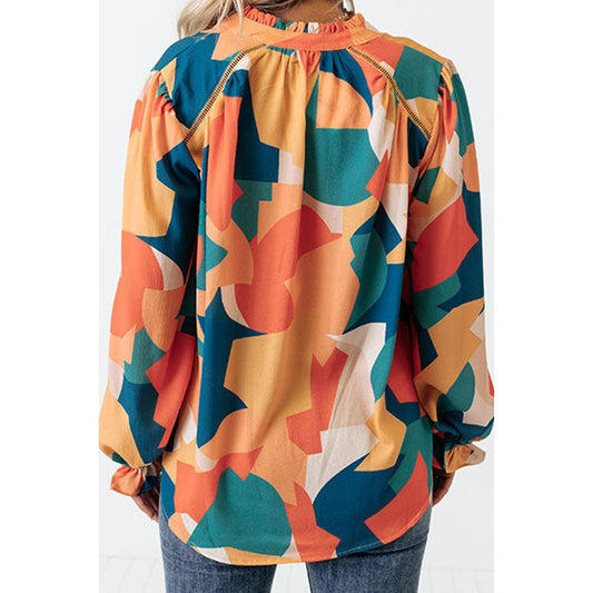Always Tomorrow Quarter Button Printed Notched Flounce Sleeve Blouse
