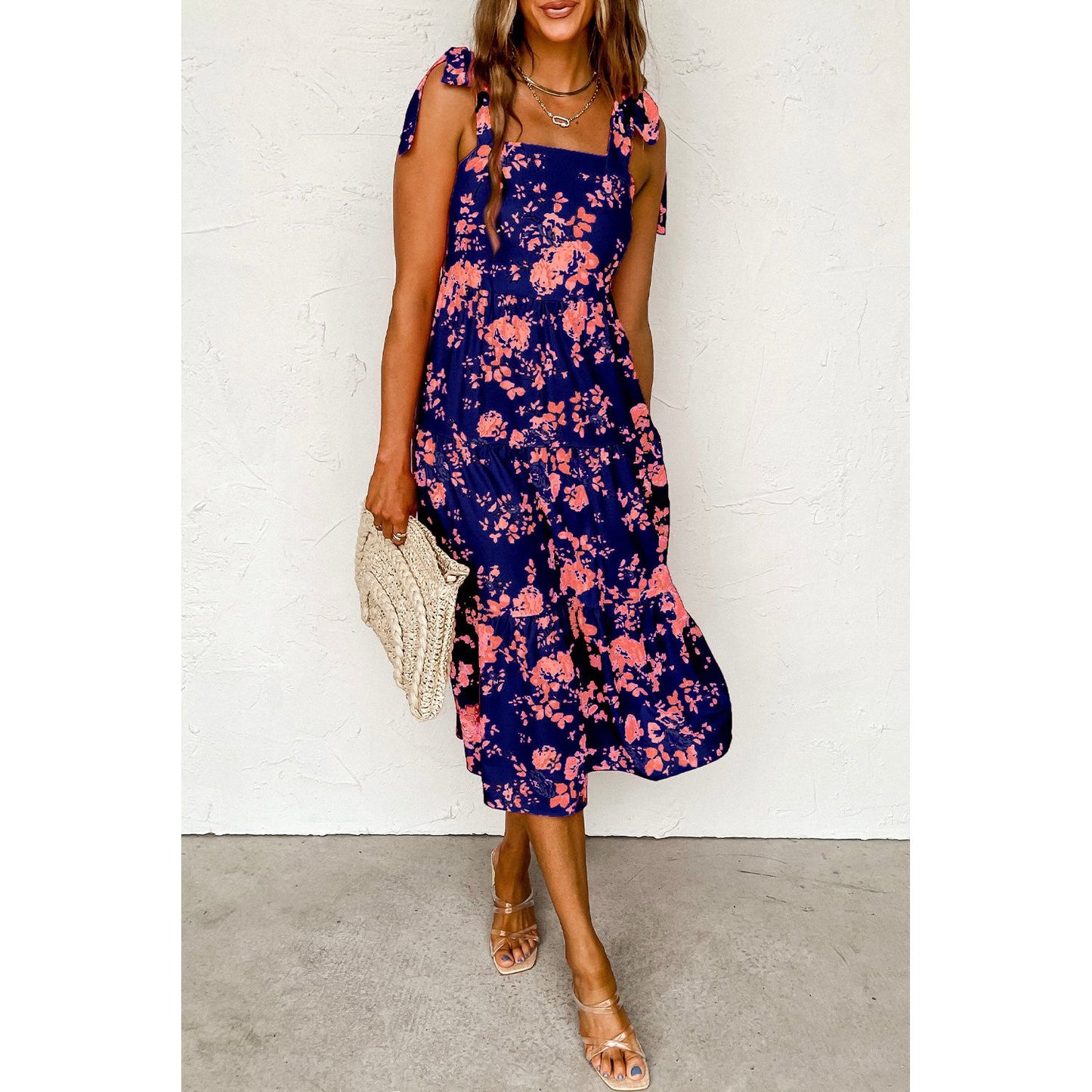Nothing To Lose Blue Tie Shoulder Straps Tiered Floral Dress