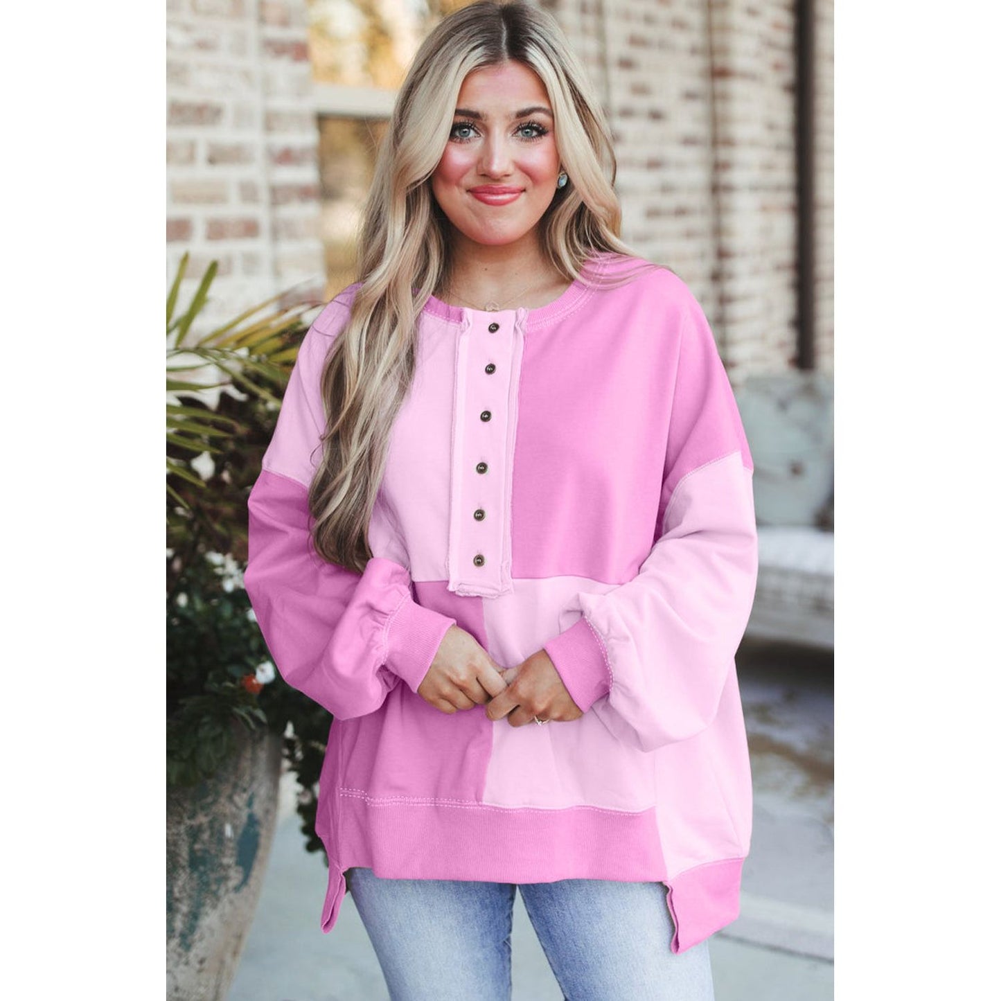 By the Fire Pink Colorblock Henley High Low Pullover