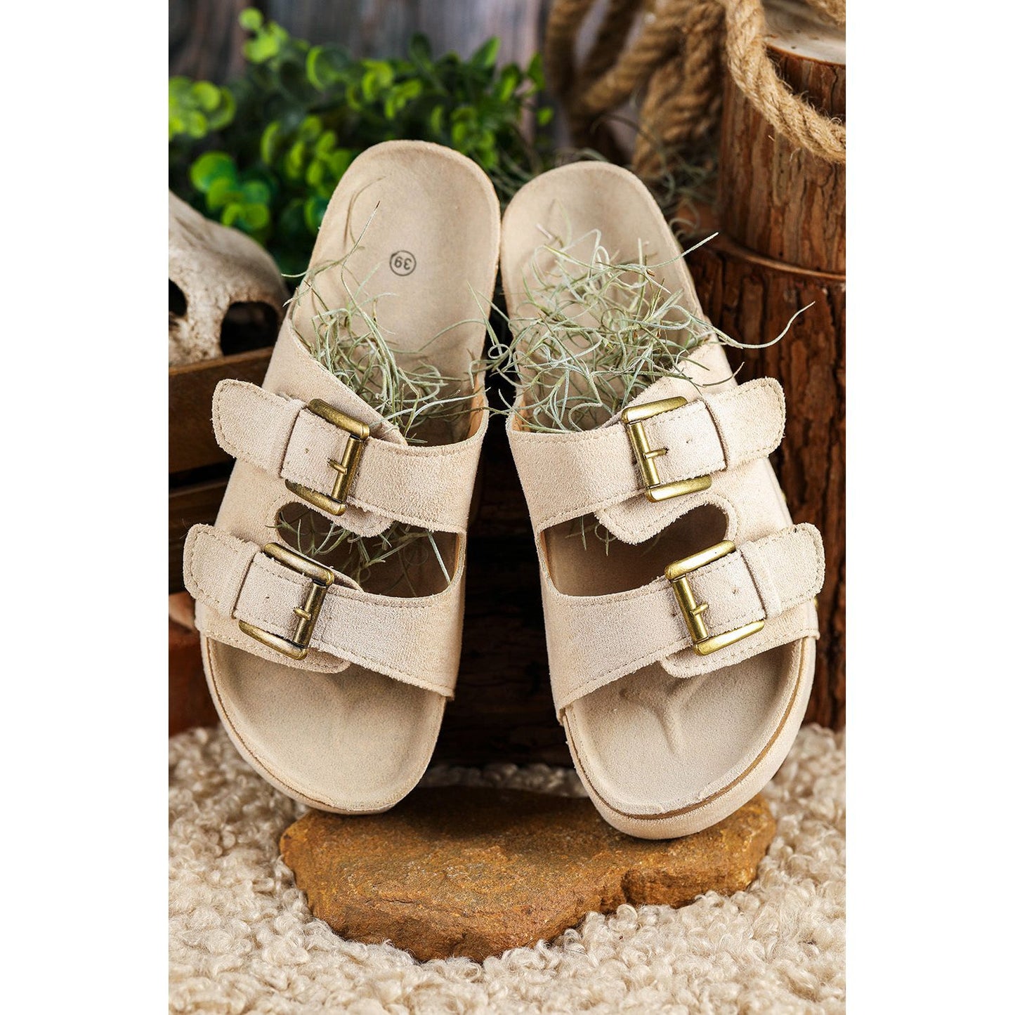 Beige Suede Buckle Decor Footbed Sandal Slippers