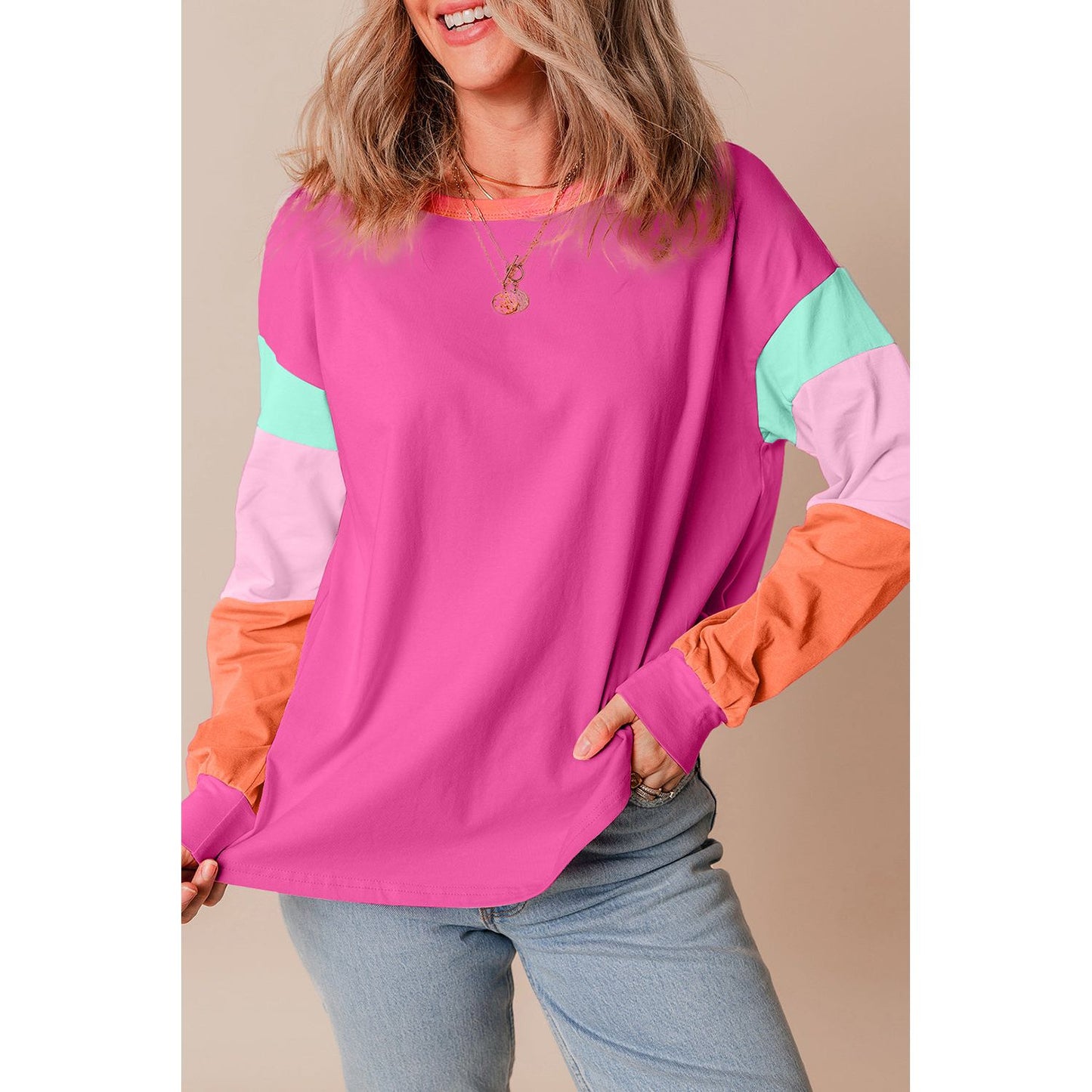 Running Errands Colorblock Patchwork Long Sleeve Loose Top