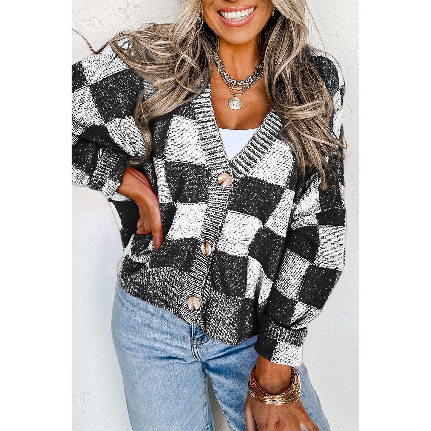 Pink Checkered Drop Shoulder Buttoned V Neck Cardigan