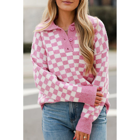 Fool Me Once Pink Checkered Buttoned V Neck Sweater