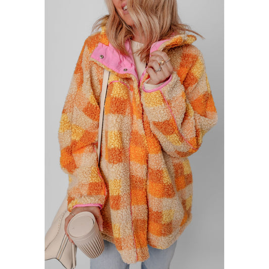 Orange Checkered Sherpa Hooded Jacket