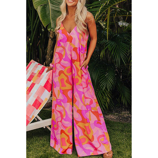 Date Night Pink Boho Abstract Print V Neck Wide Leg Jumpsuit