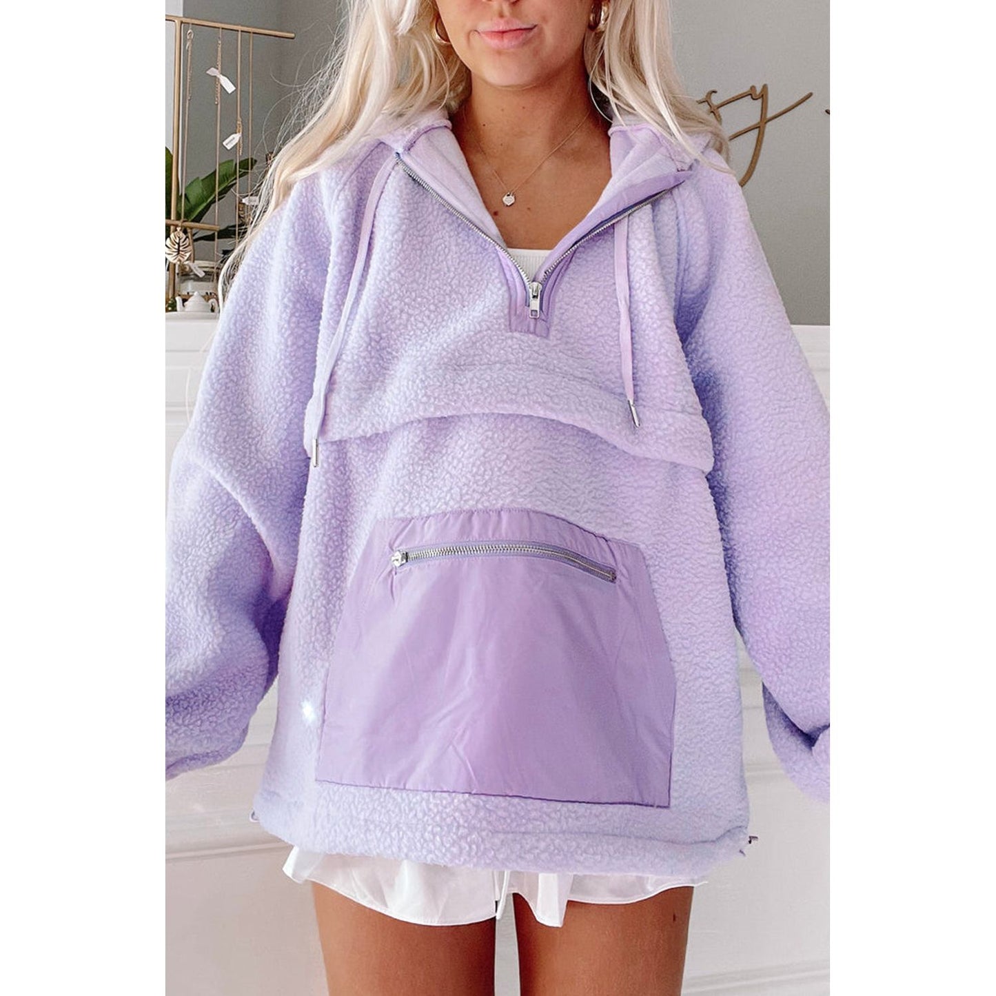 Lavender Fields Half Zip Patch Pocket Drawstring Hoodie