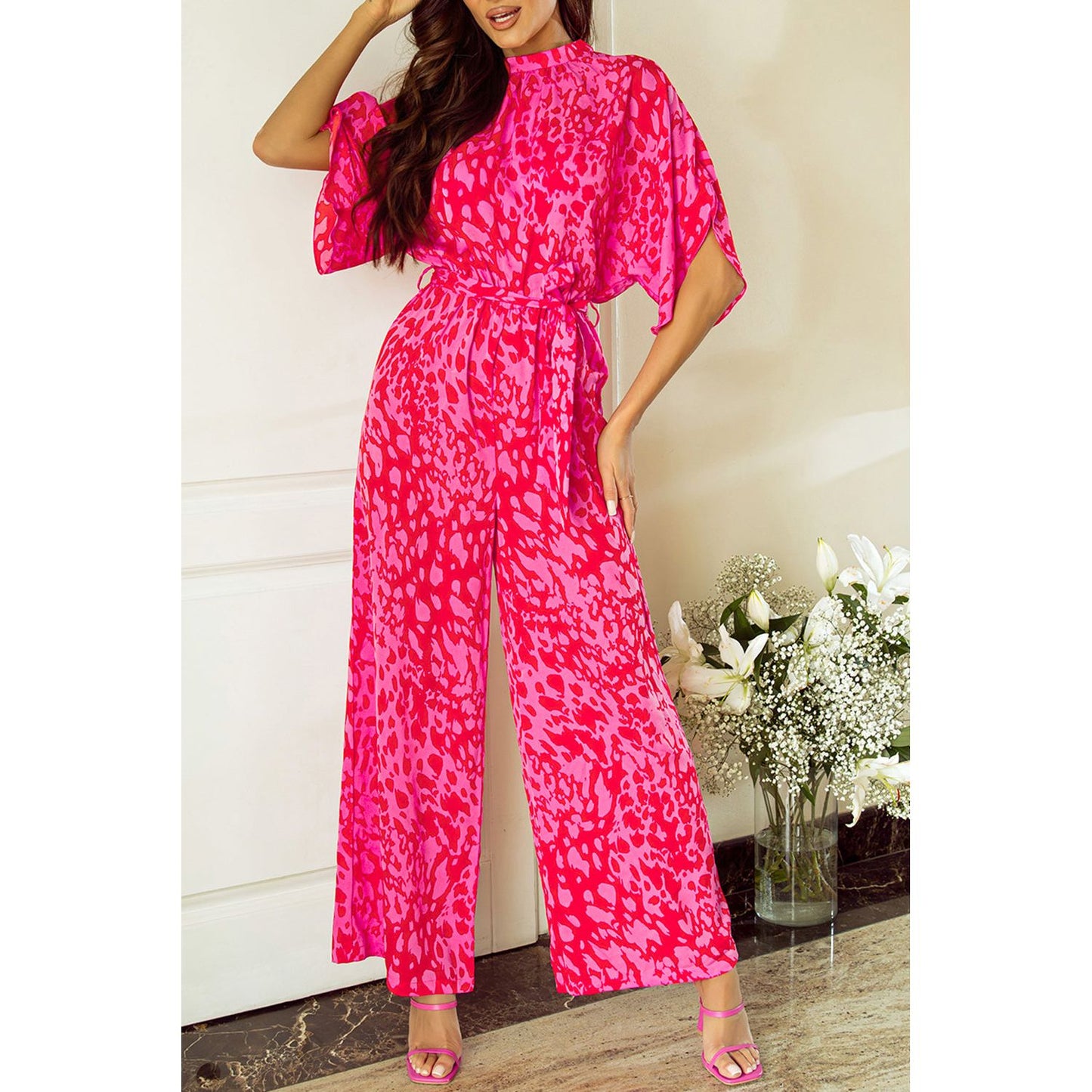 Dancing Together Rose Leopard Belted Wide Leg Jumpsuit