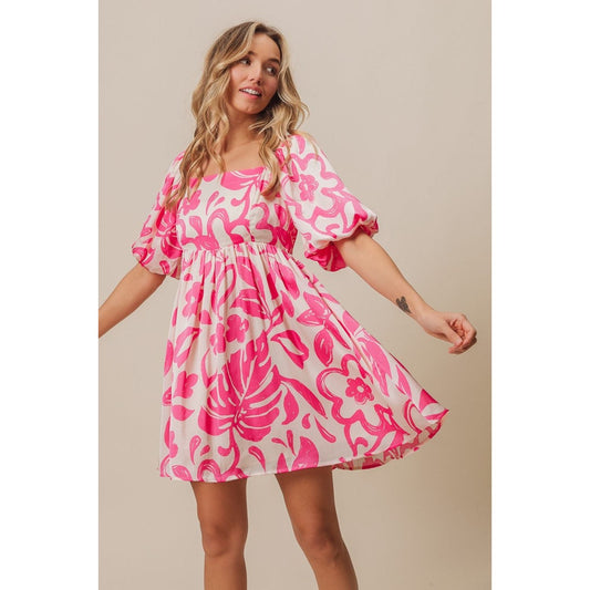 Tropical Breeze Floral Pattern Puff Sleeve Square Neck Dress