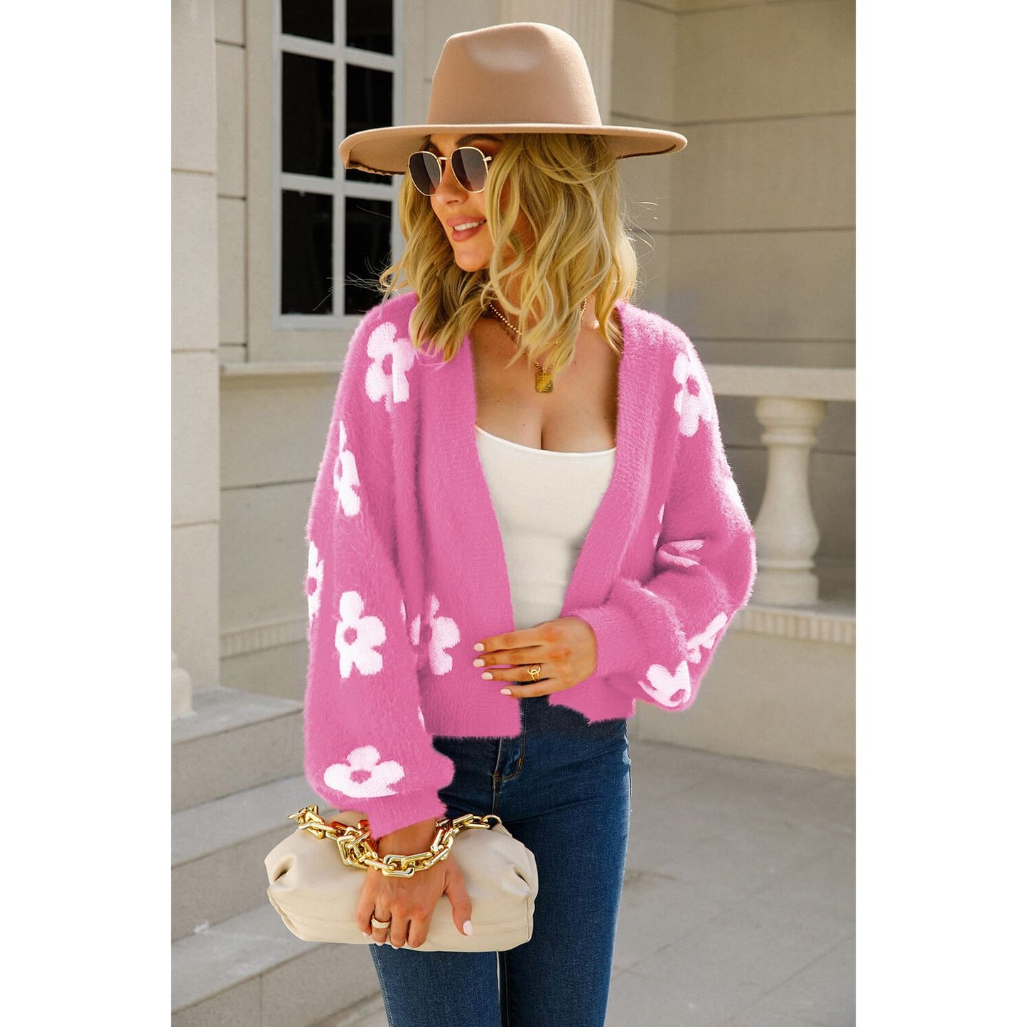 Floral Open Front Fuzzy Cardigan