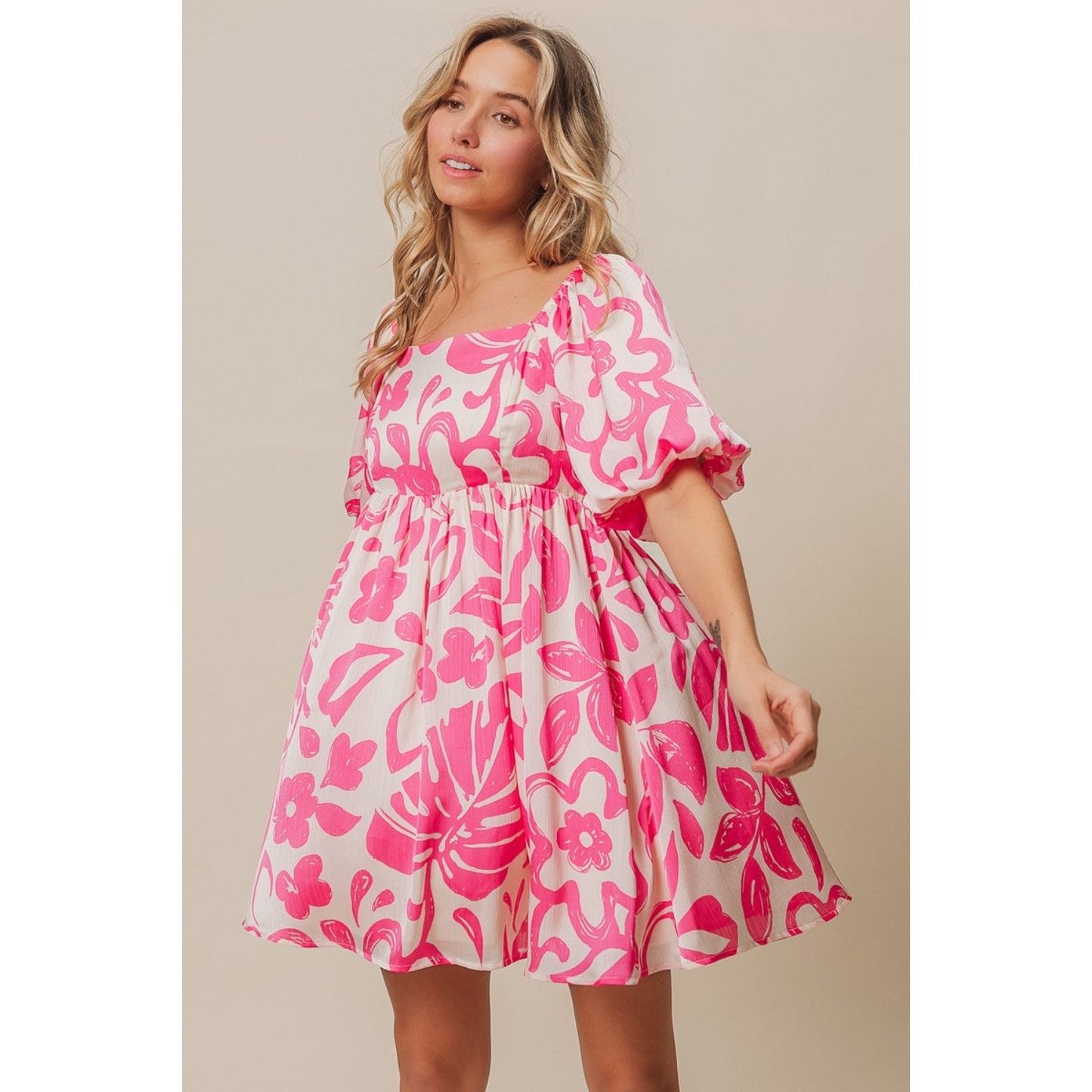 Tropical Breeze Floral Pattern Puff Sleeve Square Neck Dress