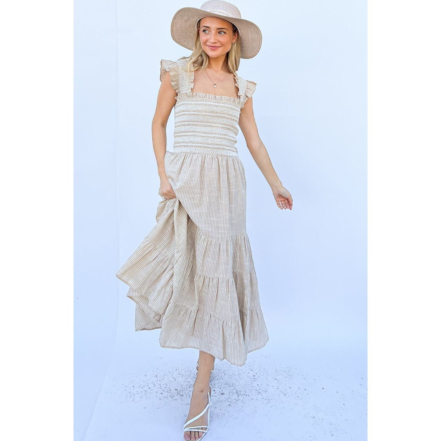 Walk On the Beach Linen Striped Ruffle Dress