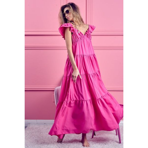 Pretty In Pink Tiered Ruffled Cap Sleeve Maxi Dress