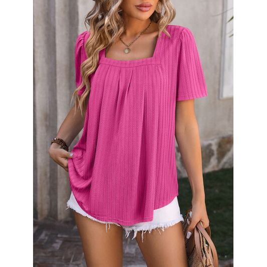 Ruched Square Neck Short Sleeve Blouse