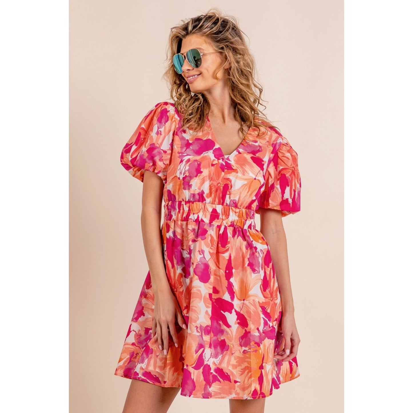 Just Peachy Floral V-Neck Puff Sleeve Mini Dress