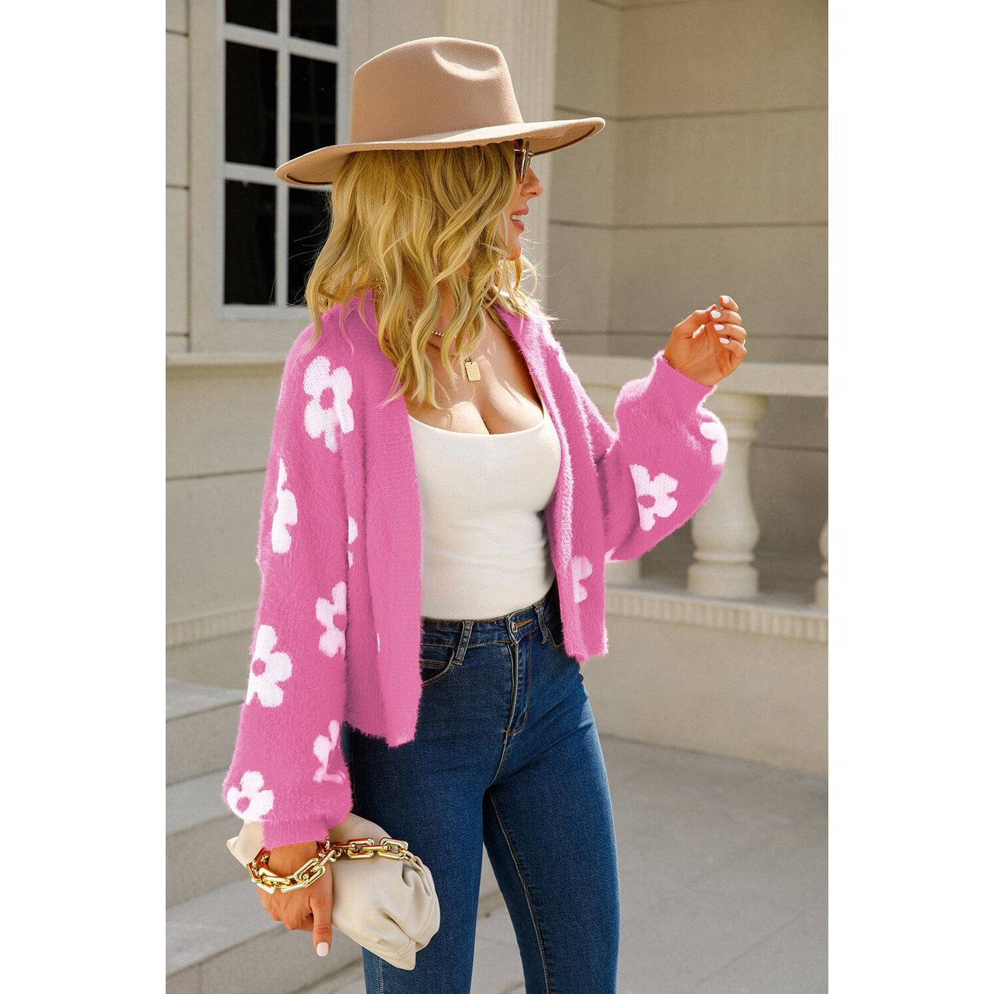 Floral Open Front Fuzzy Cardigan