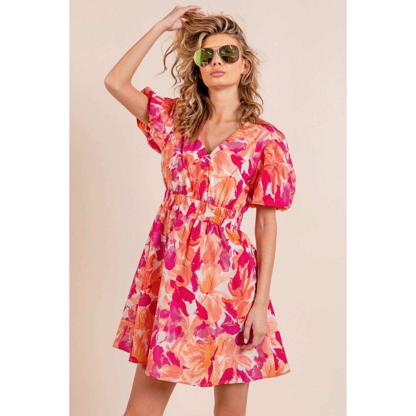 Just Peachy Floral V-Neck Puff Sleeve Mini Dress