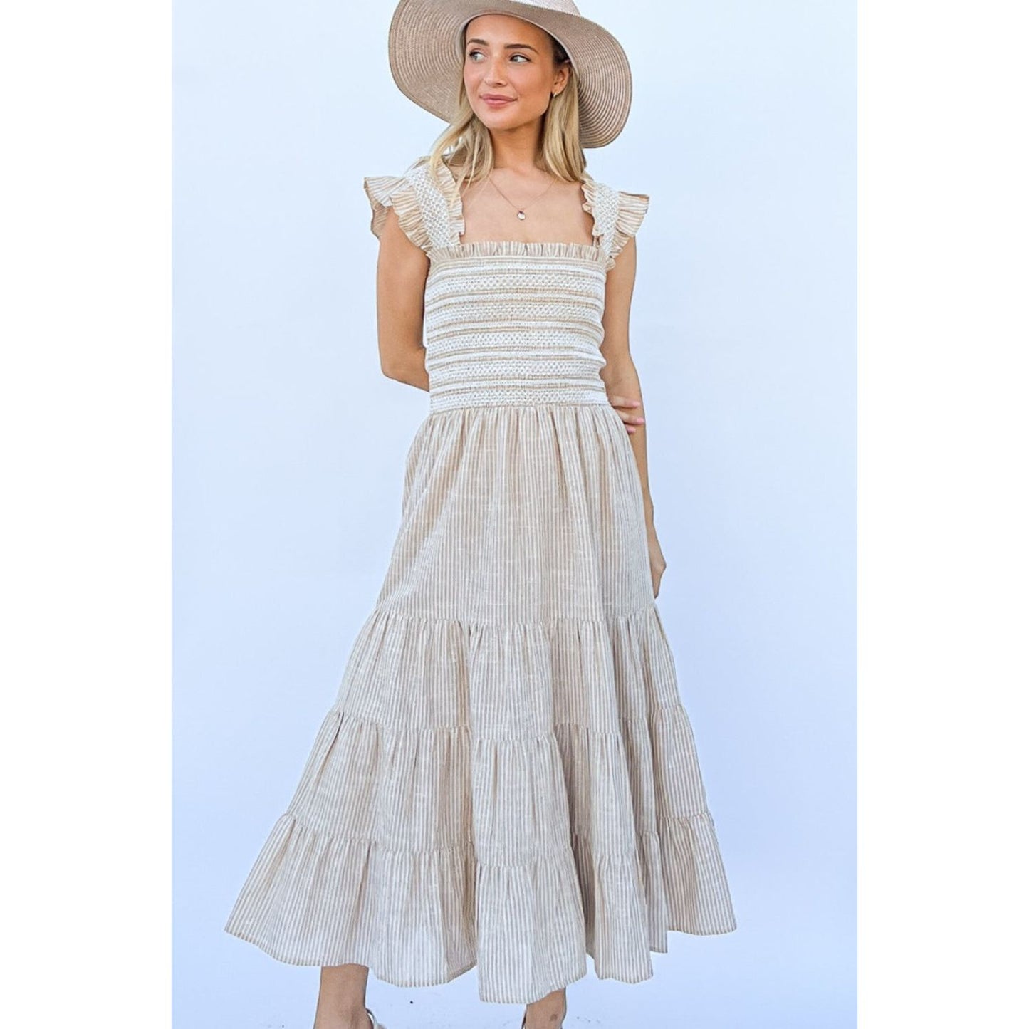 Walk On the Beach Linen Striped Ruffle Dress