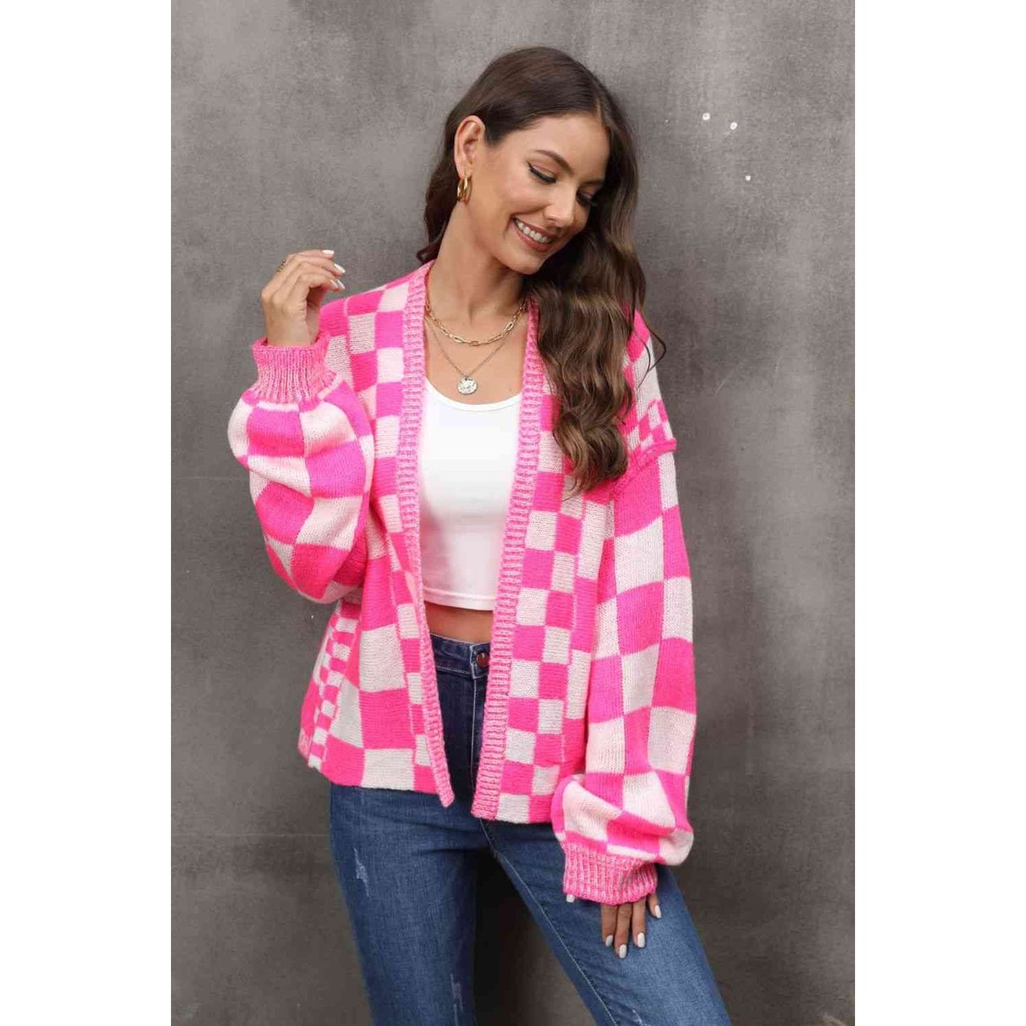 Heart Eyes Checkered Open Front Cardigan