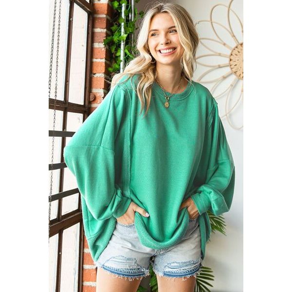 First Love Exposed Seam Round Neck Dropped Shoulder Blouse