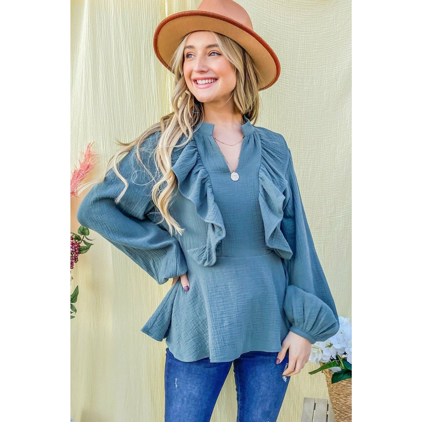 Teal Ruffle Front Blouse