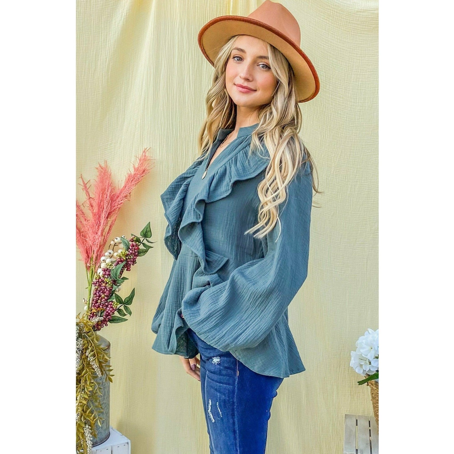 Teal Ruffle Front Blouse