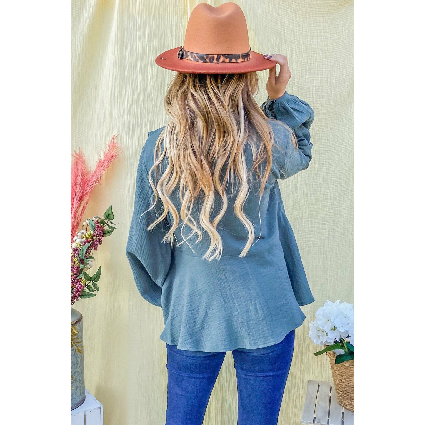 Teal Ruffle Front Blouse