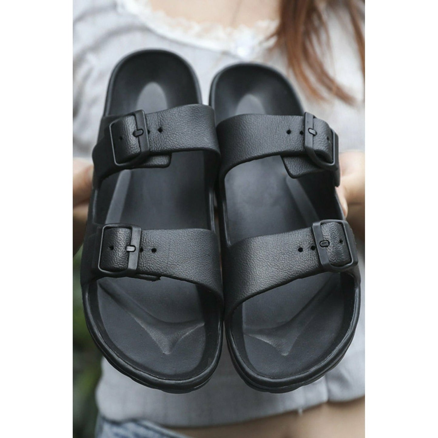 Black Two Straps Buckled Sandals