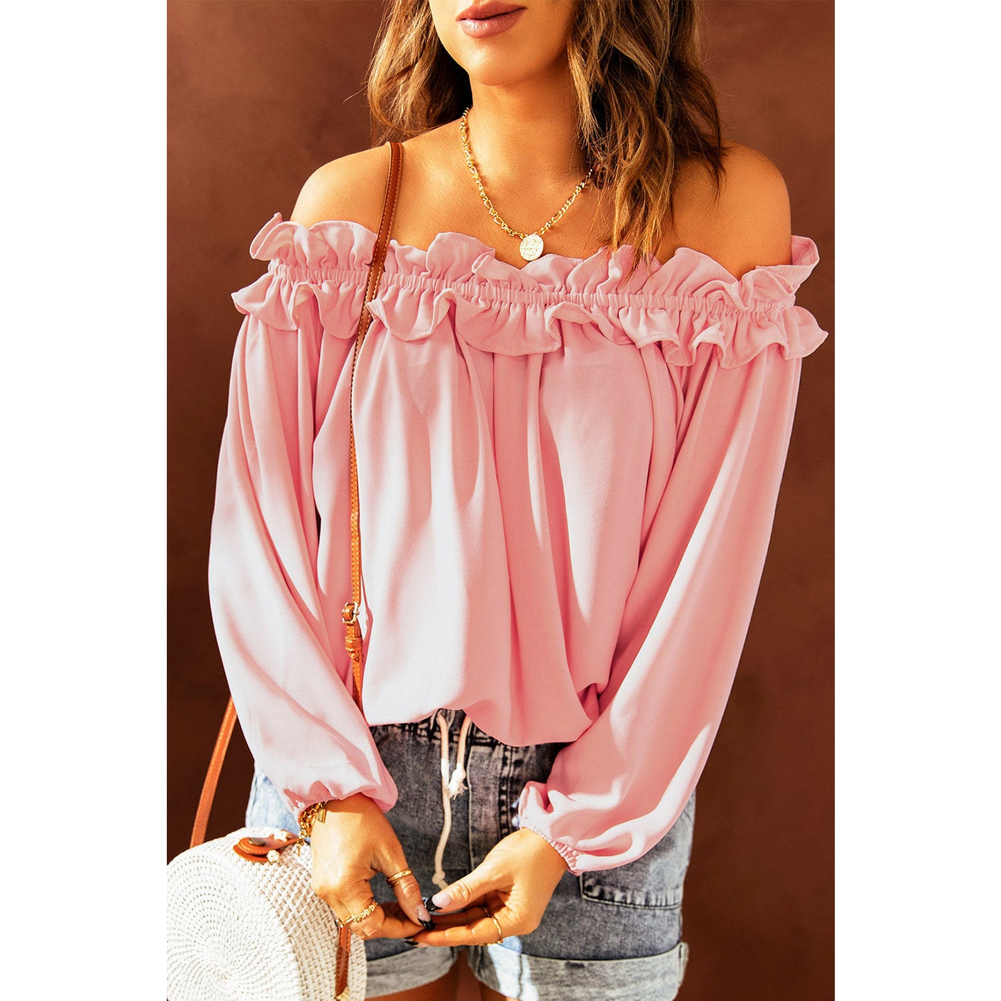 Pink Puff Sleeve Ruffled Off Shoulder Blouse