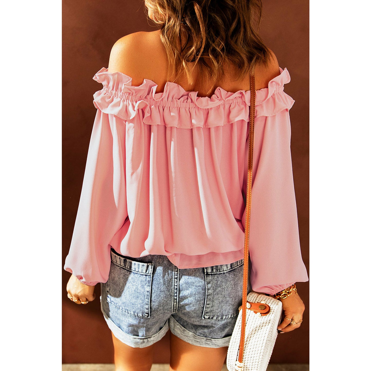 Pink Puff Sleeve Ruffled Off Shoulder Blouse