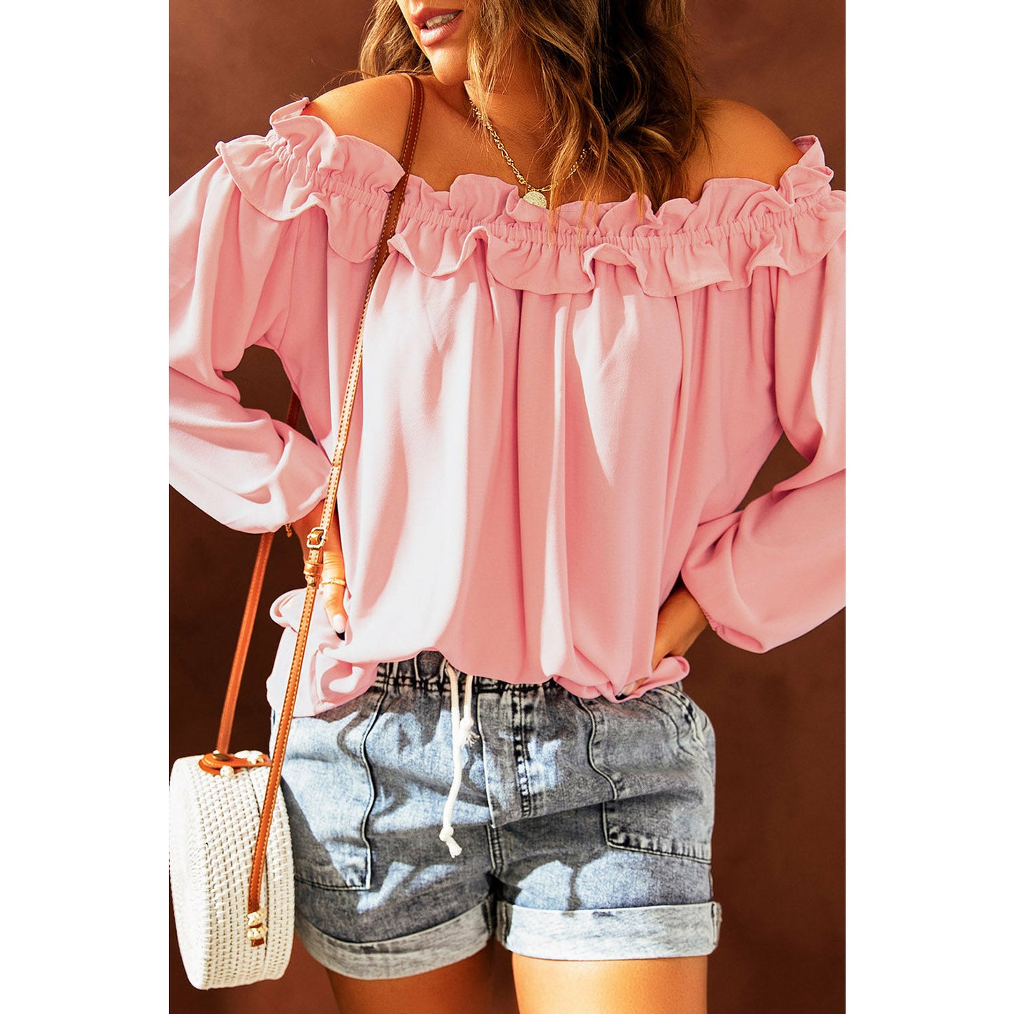 Pink Puff Sleeve Ruffled Off Shoulder Blouse