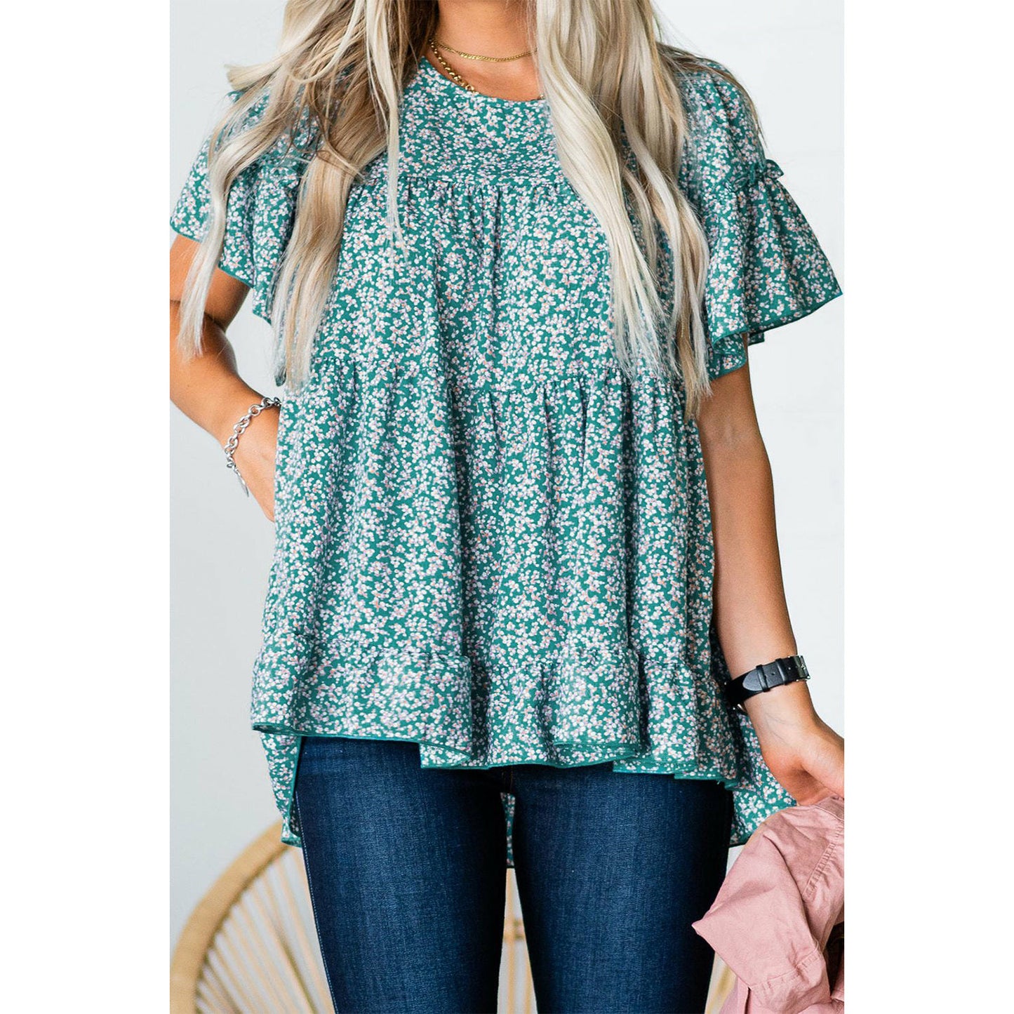 Sky Blue Floral Tiered Top with Ruffles