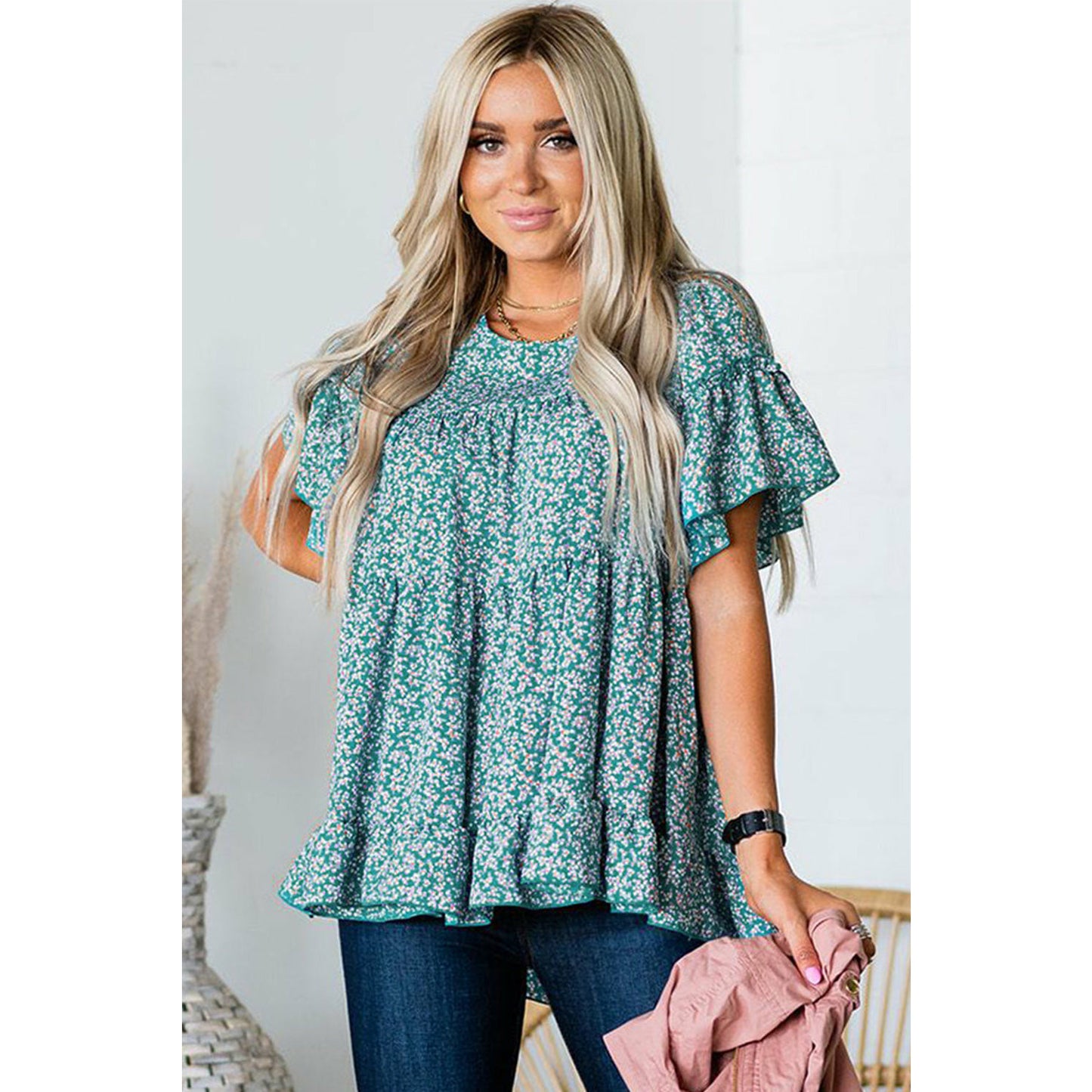 Sky Blue Floral Tiered Top with Ruffles