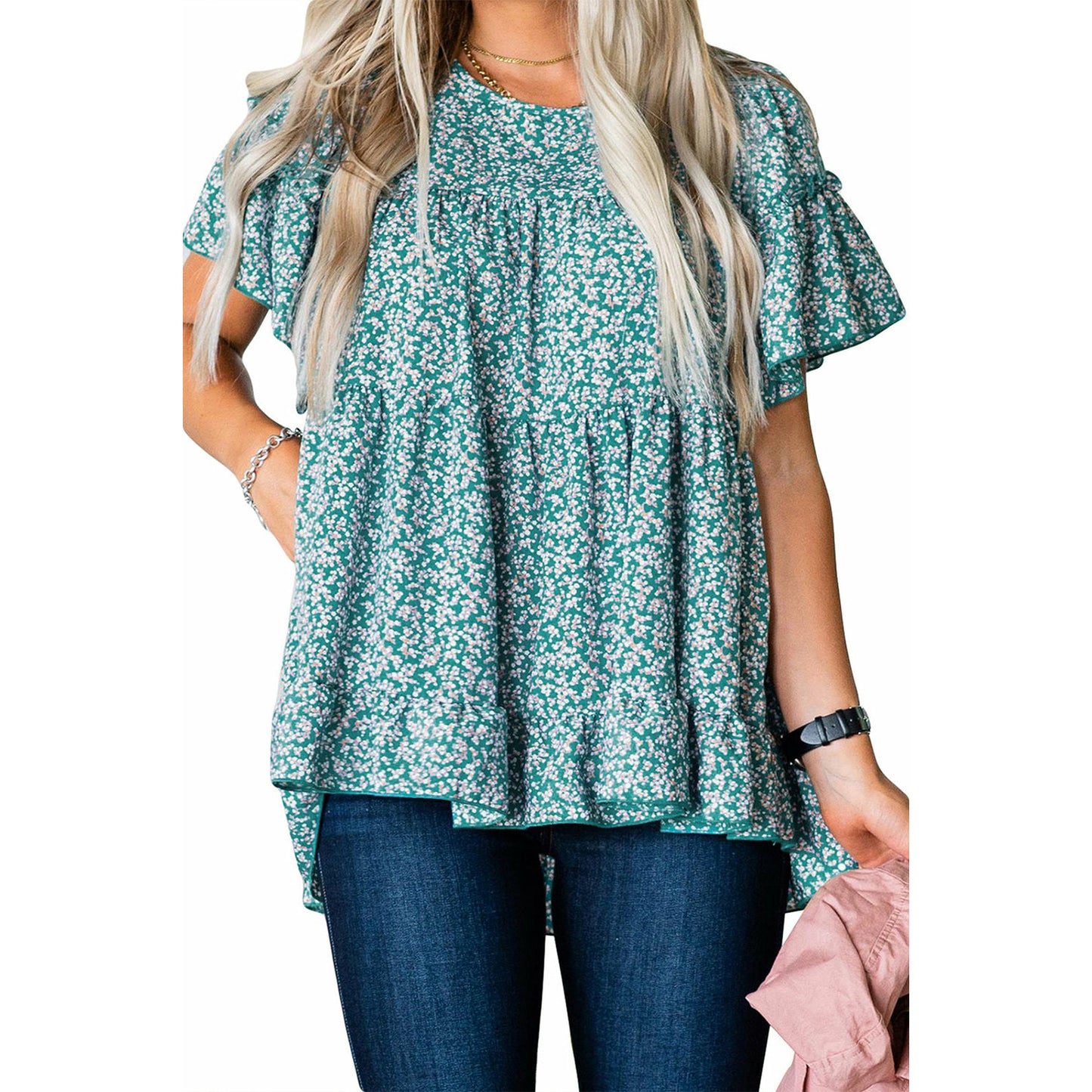 Sky Blue Floral Tiered Top with Ruffles