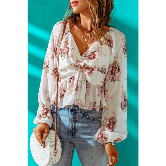 Beige V Neck Balloon Sleeve Twist Front Floral Blouse