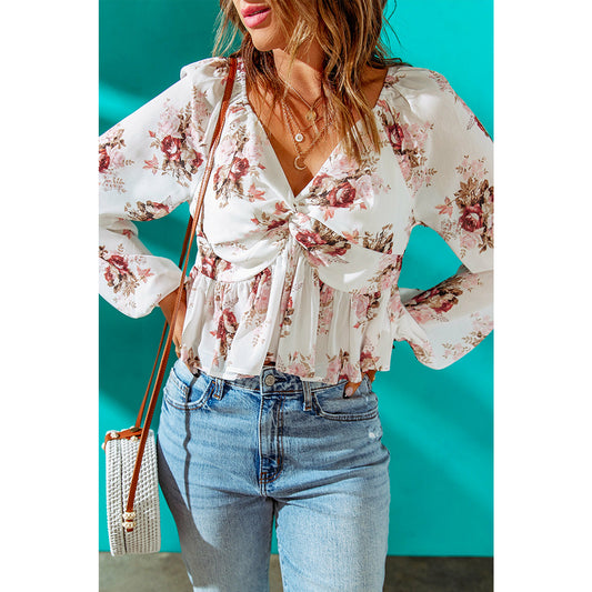 Beige V Neck Balloon Sleeve Twist Front Floral Blouse