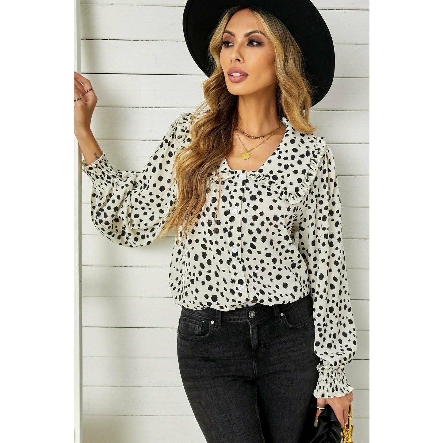 White Polka Dot Ruffle Puff Sleeve Blouse