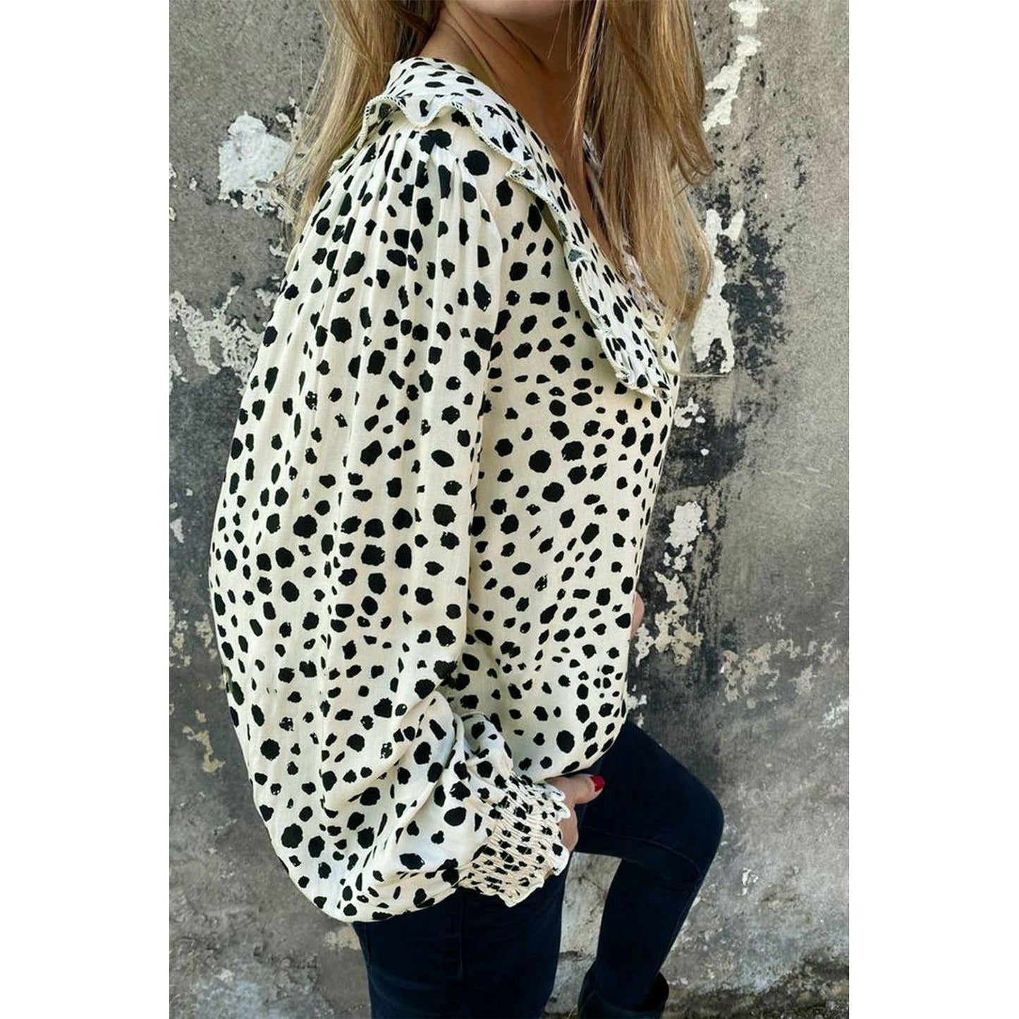 White Polka Dot Ruffle Puff Sleeve Blouse