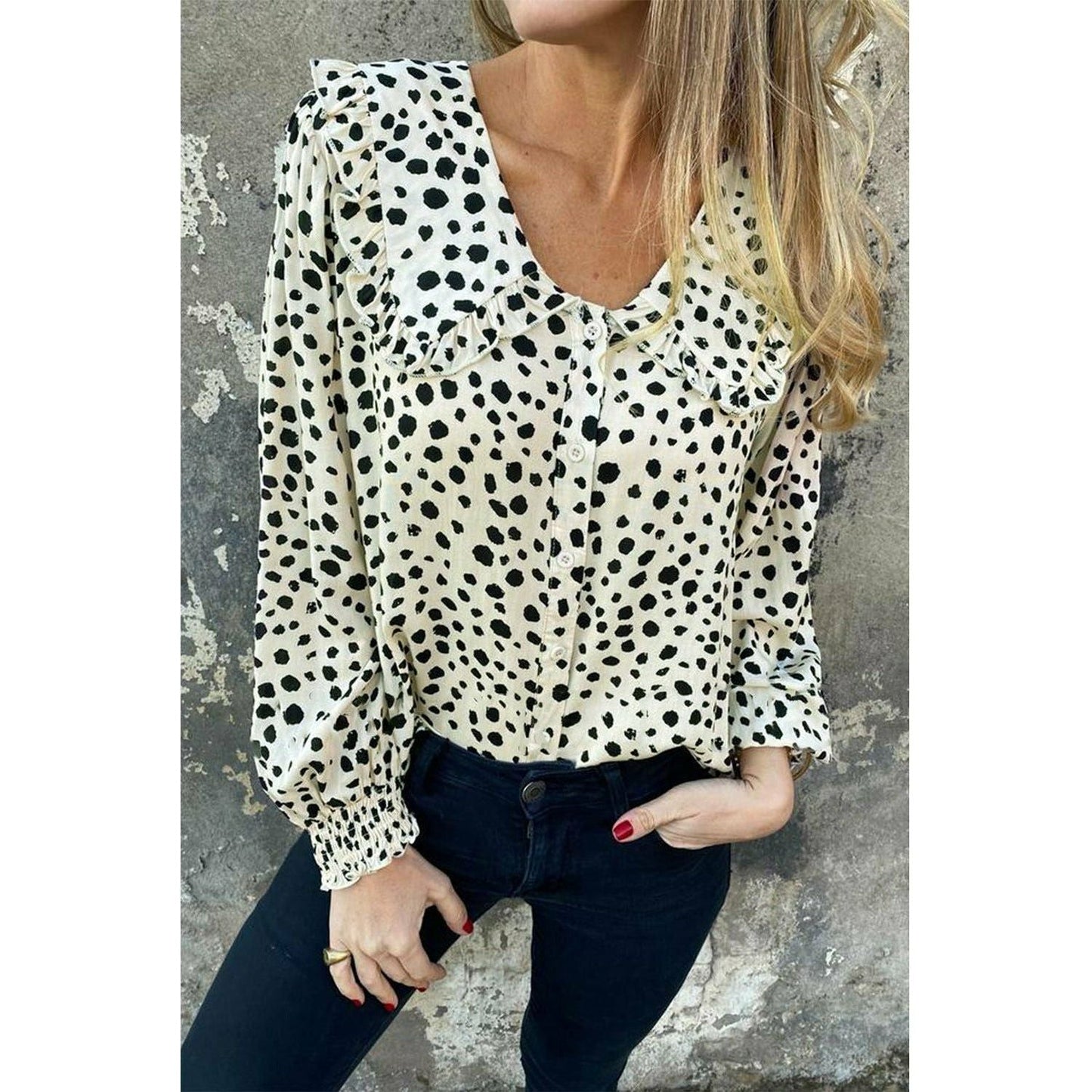 White Polka Dot Ruffle Puff Sleeve Blouse