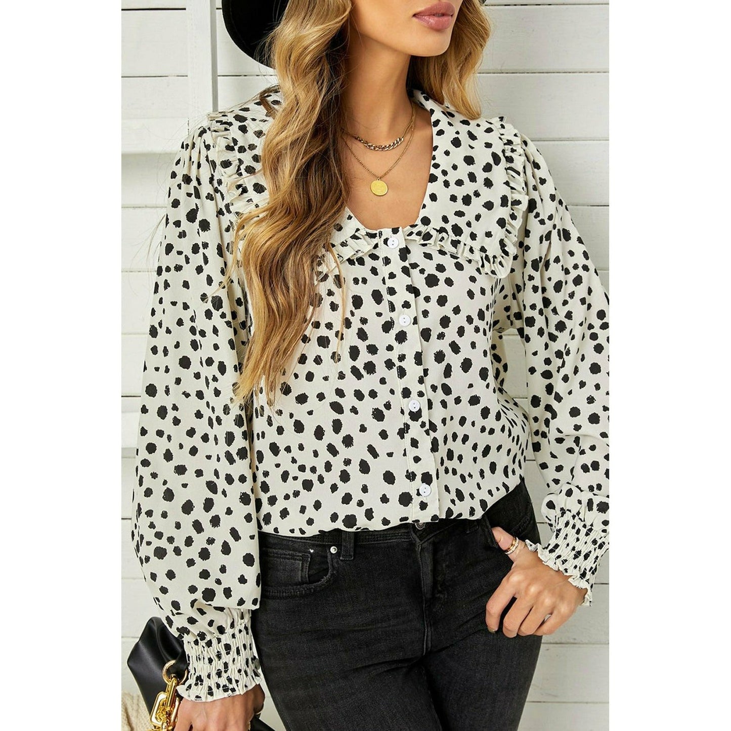 White Polka Dot Ruffle Puff Sleeve Blouse