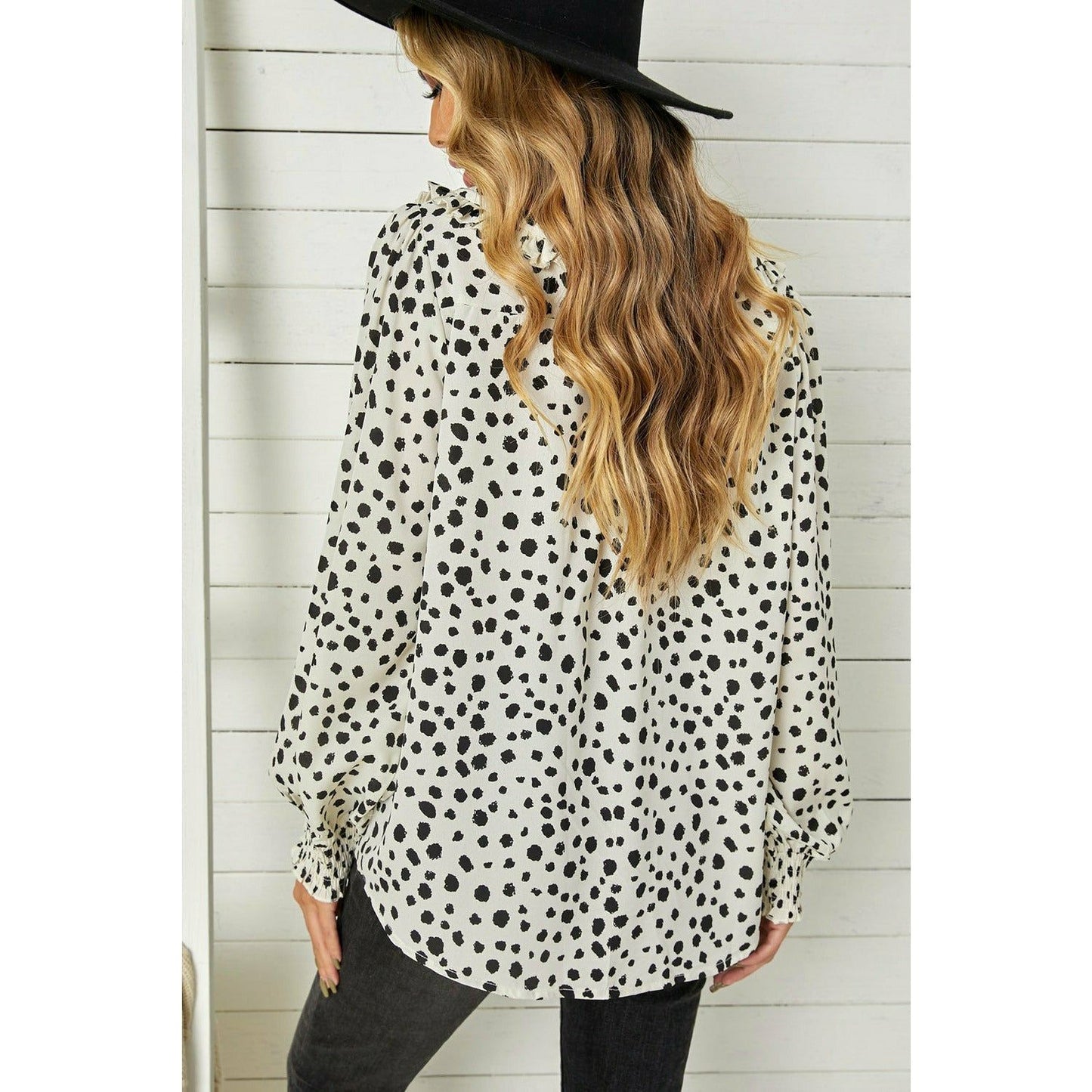 White Polka Dot Ruffle Puff Sleeve Blouse