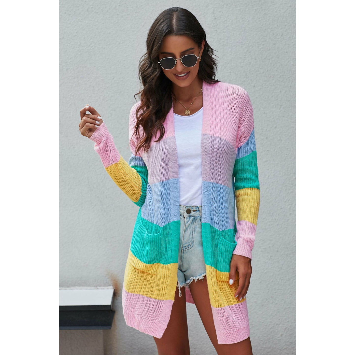 Pink Rainbow Color Block Open Front Drape Oversized Knitted Cardigan