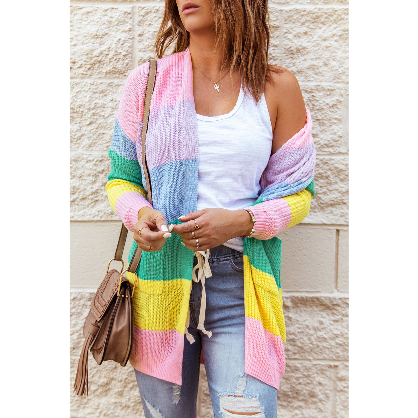 Pink Rainbow Color Block Open Front Drape Oversized Knitted Cardigan