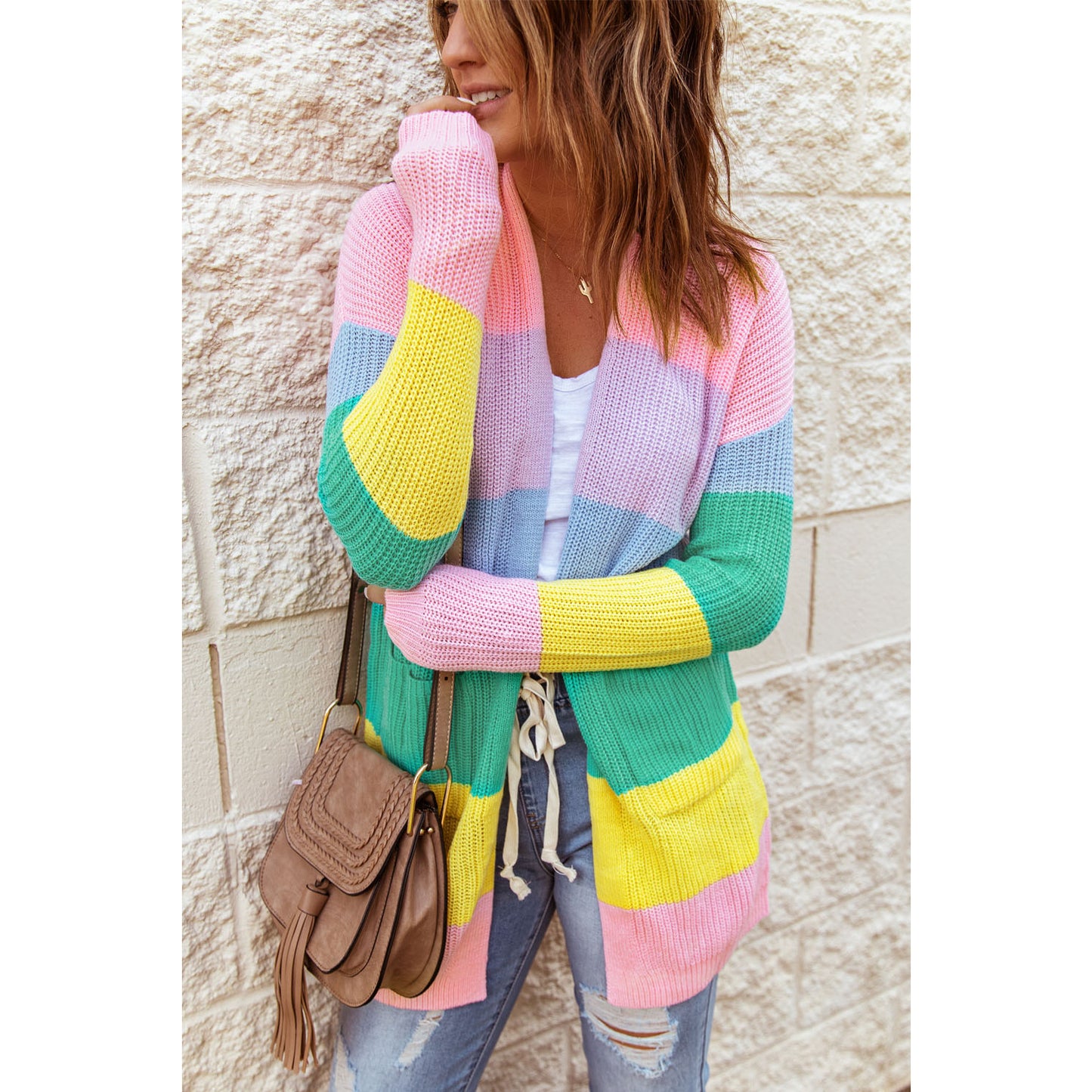 Pink Rainbow Color Block Open Front Drape Oversized Knitted Cardigan