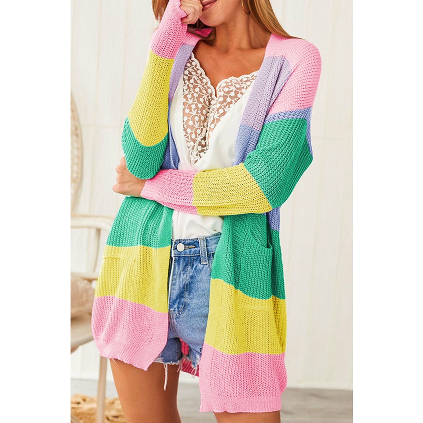 Pink Rainbow Color Block Open Front Drape Oversized Knitted Cardigan