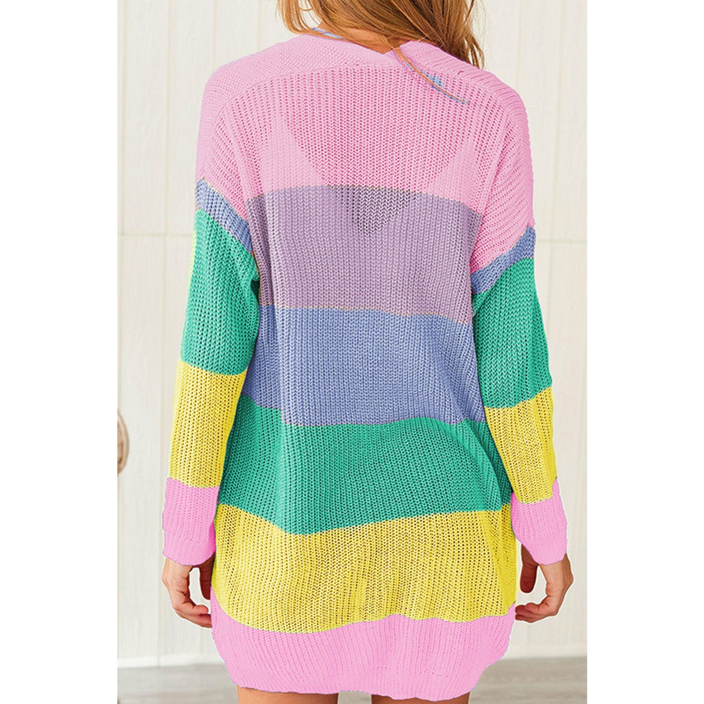 Pink Rainbow Color Block Open Front Drape Oversized Knitted Cardigan