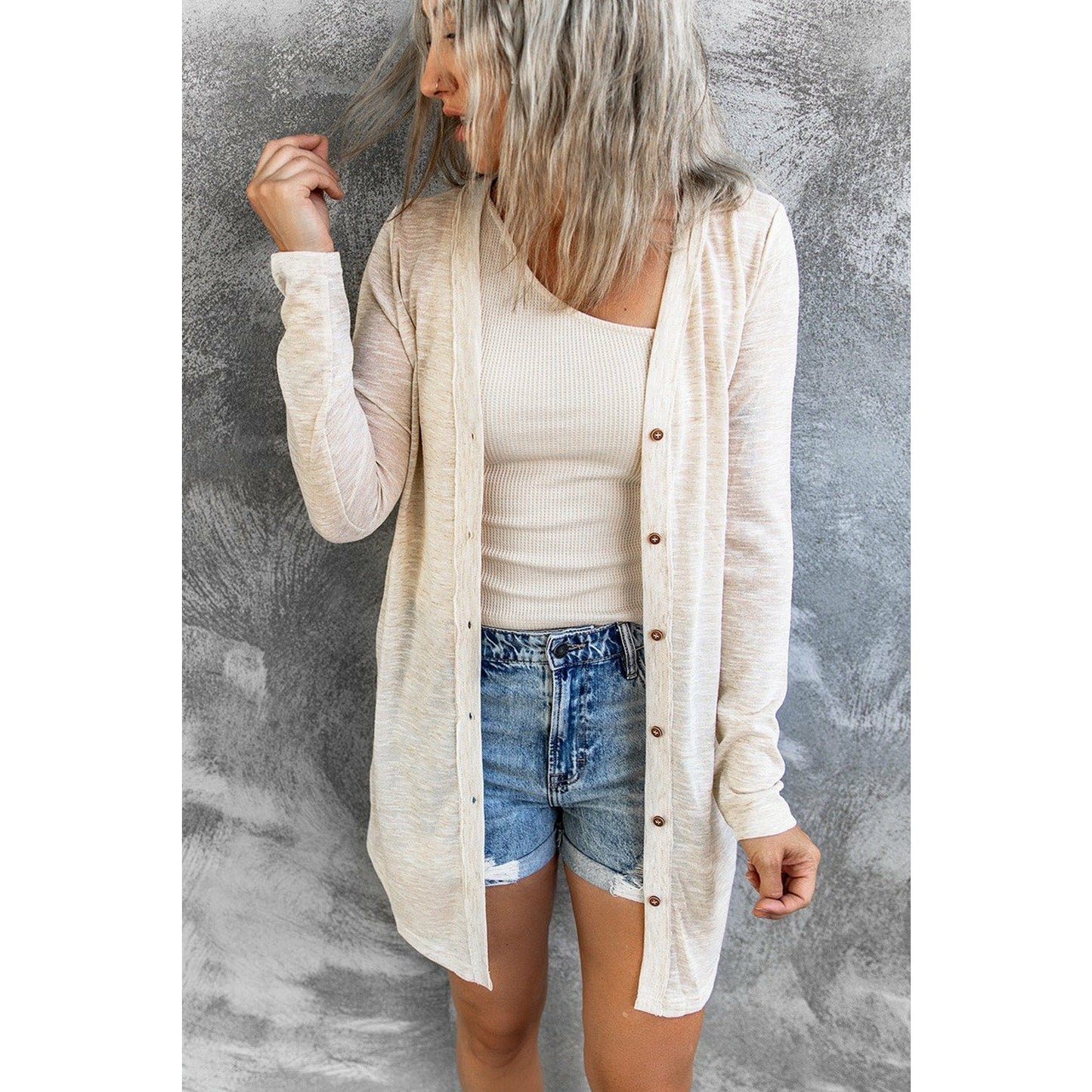 Beige Solid Color Open-Front Buttons Cardigan