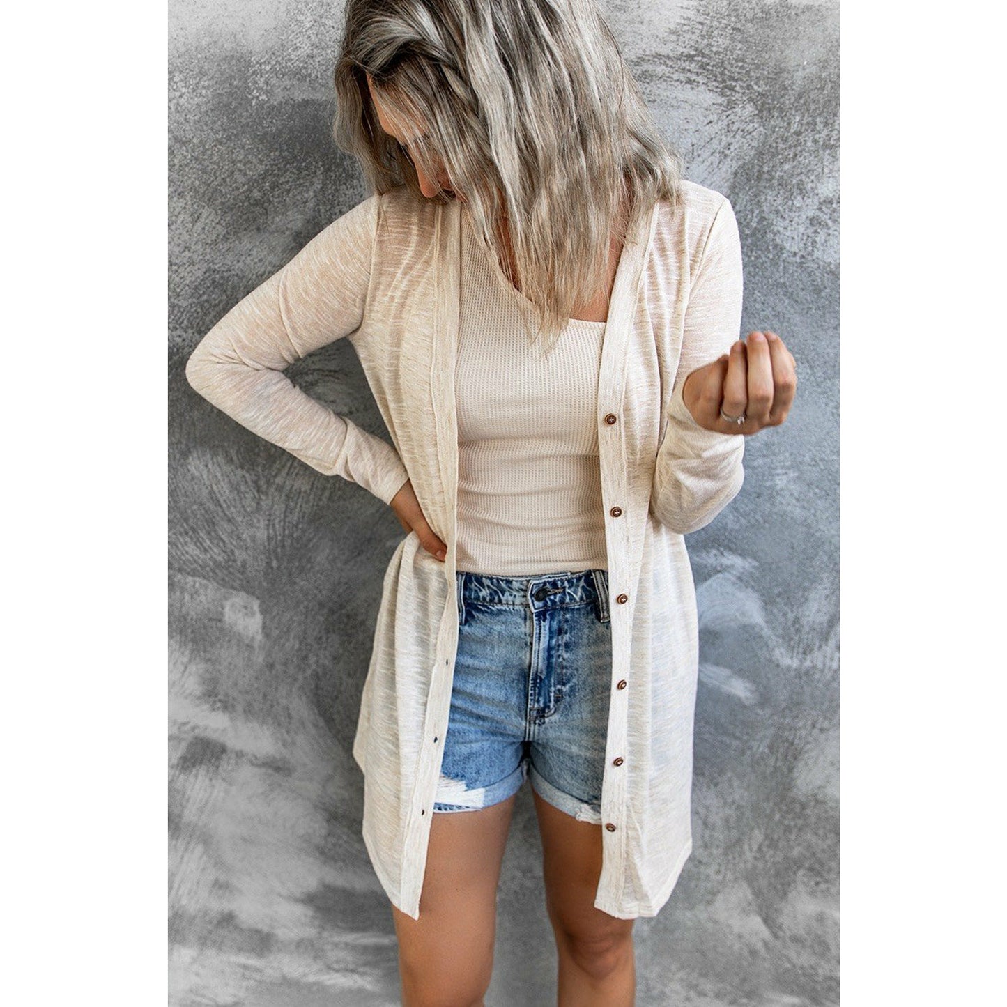 Beige Solid Color Open-Front Buttons Cardigan