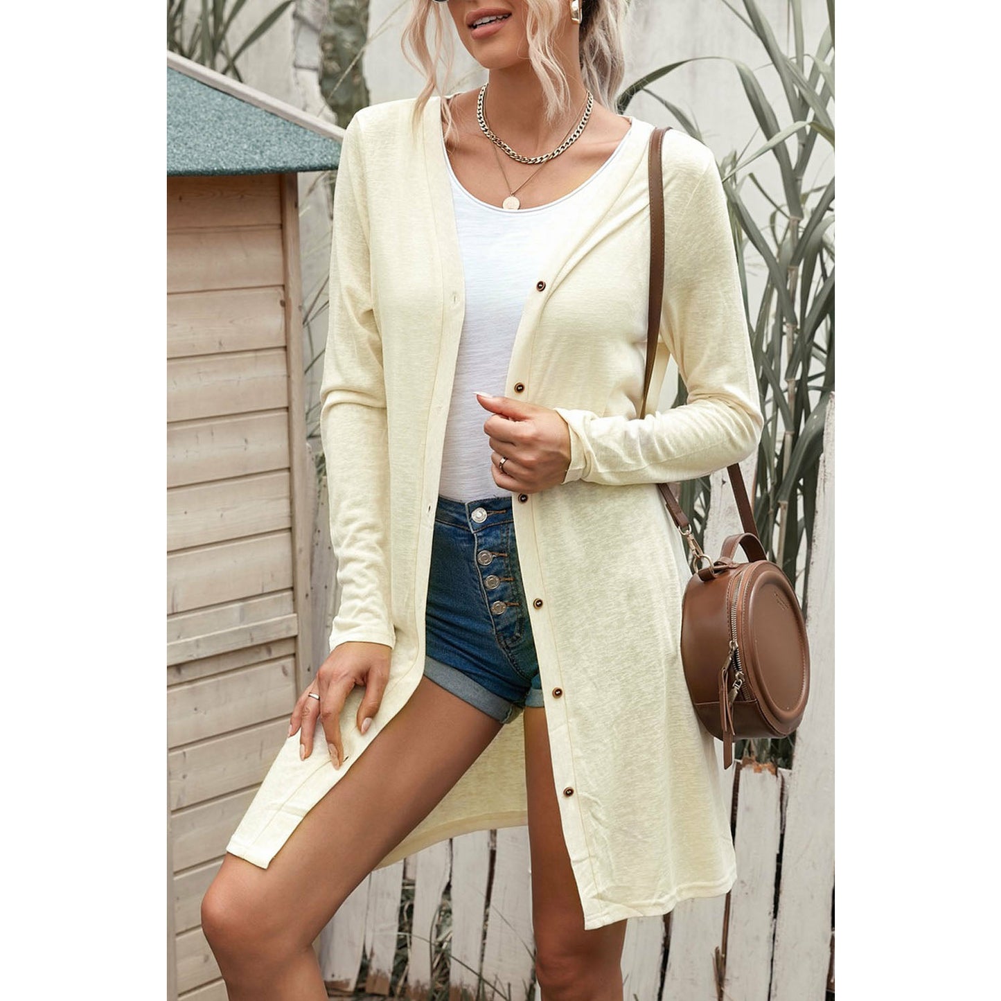 Beige Solid Color Open-Front Buttons Cardigan